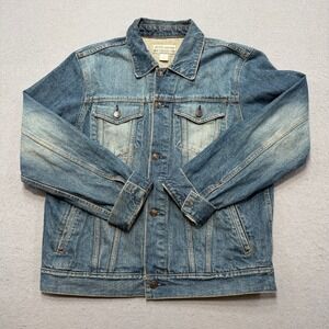 Y2K Denim Trucker Jacket Mens M Medium Wash Faded Whiskered Old Navy Blue Jeans